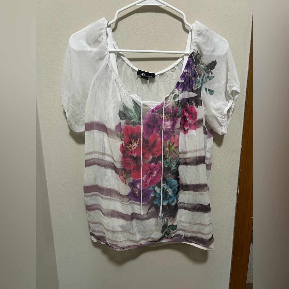 AB Studio Sheer White Blouse with Floral Print